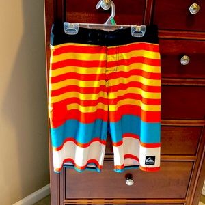 Quicksilver boys bathing suit, size 27, orange, blue, yellow stripes, drawstring